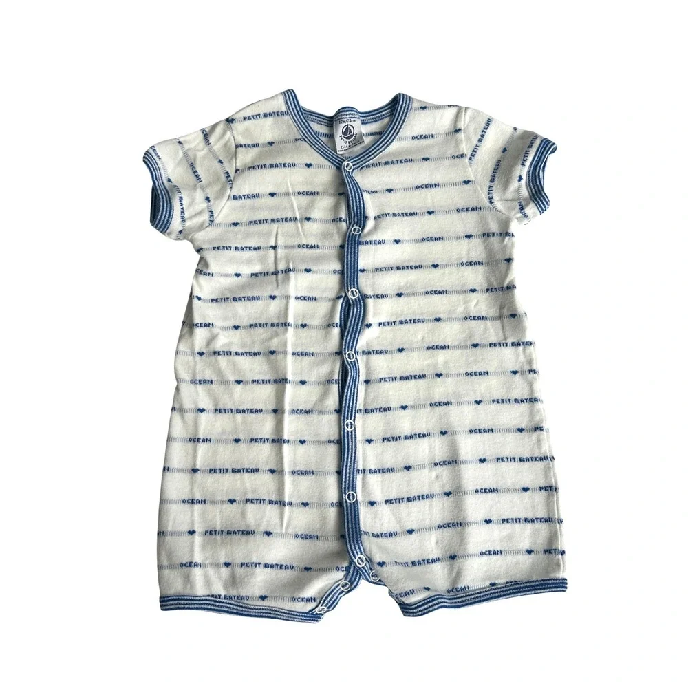 Petit Bateau 12M 74cm Blue White Striped Organic Cotton Short Sleeve Romper